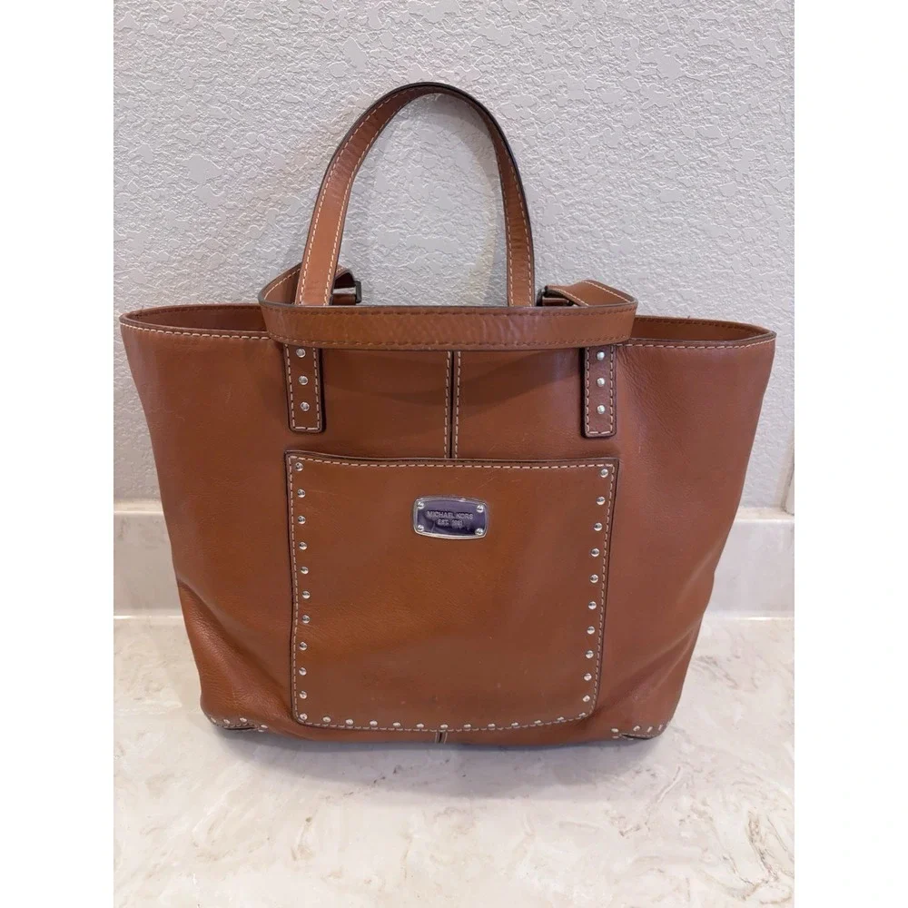 Michael Kors‎ Astor Large Luggage Brown Leather Studded Tote Bag